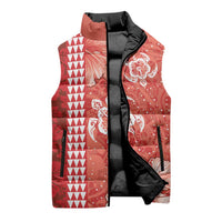 Red Hibiscus Turle Sleeveless Puffer Jacket Hawaiian Style Tribal Tapa Pattern LT9 - Polynesian Pride