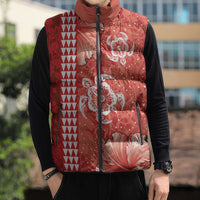 Red Hibiscus Turle Sleeveless Puffer Jacket Hawaiian Style Tribal Tapa Pattern LT9 - Polynesian Pride