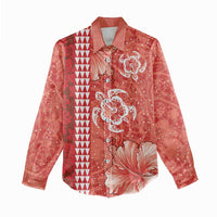 Red Hibiscus Turle Women Casual Shirt Hawaiian Style Tribal Tapa Pattern