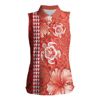Red Hibiscus Turle Women Sleeveless Polo Shirt Hawaiian Style Tribal Tapa Pattern