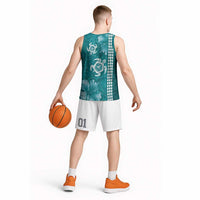 Teal Hibiscus Turle Basketball Jersey Hawaiian Style Tribal Tapa Pattern - Polynesian Pride