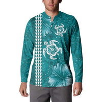 Teal Hibiscus Turle Button Sweatshirt Hawaiian Style Tribal Tapa Pattern LT9 - Polynesian Pride