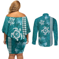 Teal Hibiscus Turle Couples Matching Off Shoulder Short Dress and Long Sleeve Button Shirt Hawaiian Style Tribal Tapa Pattern LT9 - Polynesian Pride