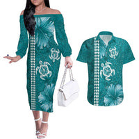 Teal Hibiscus Turle Couples Matching Off The Shoulder Long Sleeve Dress and Hawaiian Shirt Hawaiian Style Tribal Tapa Pattern
