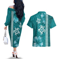Teal Hibiscus Turle Couples Matching Off The Shoulder Long Sleeve Dress and Hawaiian Shirt Hawaiian Style Tribal Tapa Pattern