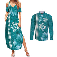 Teal Hibiscus Turle Couples Matching Summer Maxi Dress and Long Sleeve Button Shirt Hawaiian Style Tribal Tapa Pattern LT9 Teal - Polynesian Pride