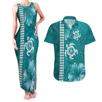 Teal Hibiscus Turle Couples Matching Tank Maxi Dress and Hawaiian Shirt Hawaiian Style Tribal Tapa Pattern LT9 Teal - Polynesian Pride