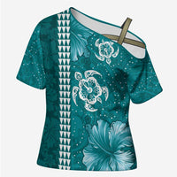 Teal Hibiscus Turle Cross Shoulder Shirt Hawaiian Style Tribal Tapa Pattern LT9 Female Teal - Polynesian Pride
