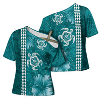 Teal Hibiscus Turle Cross Shoulder Shirt Hawaiian Style Tribal Tapa Pattern LT9 - Polynesian Pride