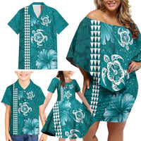 Teal Hibiscus Turle Family Matching Off Shoulder Short Dress and Hawaiian Shirt Hawaiian Style Tribal Tapa Pattern