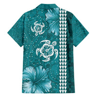 Teal Hibiscus Turle Family Matching Off Shoulder Short Dress and Hawaiian Shirt Hawaiian Style Tribal Tapa Pattern