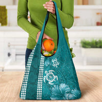 Teal Hibiscus Turle Grocery Bag Hawaiian Style Tribal Tapa Pattern LT9 - Polynesian Pride
