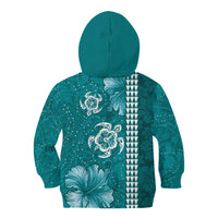 Teal Hibiscus Turle Kid Hoodie Hawaiian Style Tribal Tapa Pattern