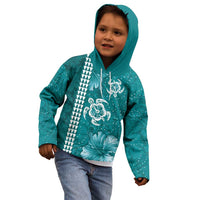 Teal Hibiscus Turle Kid Hoodie Hawaiian Style Tribal Tapa Pattern