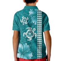 Teal Hibiscus Turle Kid Polo Shirt Hawaiian Style Tribal Tapa Pattern