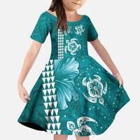 Teal Hibiscus Turle Kid Short Sleeve Dress Hawaiian Style Tribal Tapa Pattern