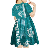 Teal Hibiscus Turle Kid Short Sleeve Dress Hawaiian Style Tribal Tapa Pattern
