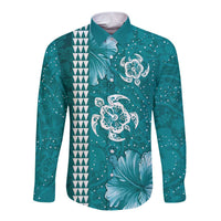 Teal Hibiscus Turle Long Sleeve Button Shirt Hawaiian Style Tribal Tapa Pattern LT9 Unisex Teal - Polynesian Pride