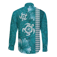 Teal Hibiscus Turle Long Sleeve Button Shirt Hawaiian Style Tribal Tapa Pattern LT9 - Polynesian Pride