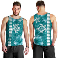 Teal Hibiscus Turle Men Tank Top Hawaiian Style Tribal Tapa Pattern