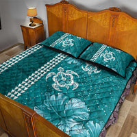 Teal Hibiscus Turle Quilt Bed Set Hawaiian Style Tribal Tapa Pattern