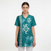 Teal Hibiscus Turle Scrub Top Hawaiian Style Tribal Tapa Pattern - Polynesian Pride
