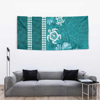 Teal Hibiscus Turle Tapestry Hawaiian Style Tribal Tapa Pattern
