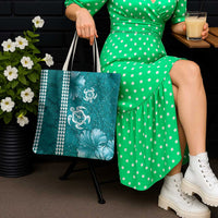 Teal Hibiscus Turle Tote Bag Hawaiian Style Tribal Tapa Pattern - Polynesian Pride