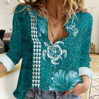 Teal Hibiscus Turle Women Casual Shirt Hawaiian Style Tribal Tapa Pattern