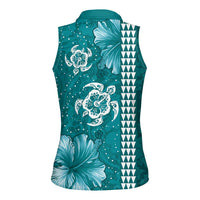 Teal Hibiscus Turle Women Sleeveless Polo Shirt Hawaiian Style Tribal Tapa Pattern