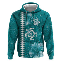 Teal Hibiscus Turle Zip Hoodie Hawaiian Style Tribal Tapa Pattern LT9 Pullover Hoodie Teal - Polynesian Pride