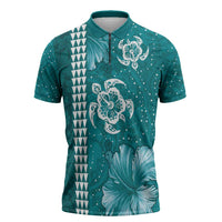 Teal Hibiscus Turle Zipper Polo Shirt Hawaiian Style Tribal Tapa Pattern - Polynesian Pride