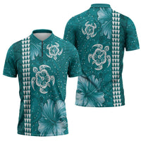 Teal Hibiscus Turle Zipper Polo Shirt Hawaiian Style Tribal Tapa Pattern - Polynesian Pride