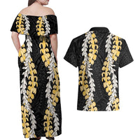 Puakenikeni and Maile Lei Couples Matching Off Shoulder Maxi Dress and Hawaiian Shirt Black Double Strand Lei