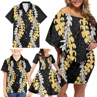 Puakenikeni and Maile Lei Family Matching Off Shoulder Short Dress and Hawaiian Shirt Black Double Strand Lei