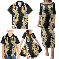 Puakenikeni and Maile Lei Family Matching Puletasi and Hawaiian Shirt Black Double Strand Lei