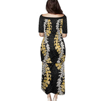 Puakenikeni and Maile Lei Family Matching Puletasi and Hawaiian Shirt Black Double Strand Lei