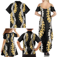 Puakenikeni and Maile Lei Family Matching Summer Maxi Dress and Hawaiian Shirt Black Double Strand Lei