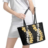Puakenikeni and Maile Lei Leather Tote Bag Black Double Strand Lei