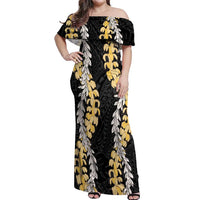 Puakenikeni and Maile Lei Off Shoulder Maxi Dress Black Double Strand Lei