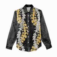 Puakenikeni and Maile Lei Women Casual Shirt Black Double Strand Lei