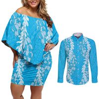 Puakenikeni and Maile Lei Couples Matching Off Shoulder Short Dress and Long Sleeve Button Shirt Blue Double Strand Lei LT9 Blue - Polynesian Pride