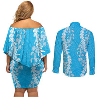 Puakenikeni and Maile Lei Couples Matching Off Shoulder Short Dress and Long Sleeve Button Shirt Blue Double Strand Lei LT9 - Polynesian Pride