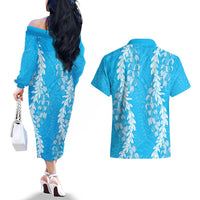 Puakenikeni and Maile Lei Couples Matching Off The Shoulder Long Sleeve Dress and Hawaiian Shirt Blue Double Strand Lei