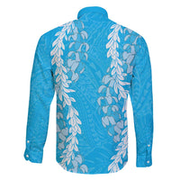 Puakenikeni and Maile Lei Family Matching Off Shoulder Short Dress and Hawaiian Shirt Blue Double Strand Lei