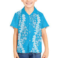 Puakenikeni and Maile Lei Family Matching Puletasi and Hawaiian Shirt Blue Double Strand Lei