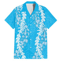 Puakenikeni and Maile Lei Family Matching Short Sleeve Bodycon Dress and Hawaiian Shirt Blue Double Strand Lei