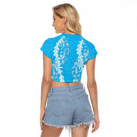 Puakenikeni and Maile Lei Raglan Cropped T Shirt Blue Double Strand Lei