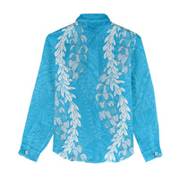Puakenikeni and Maile Lei Women Casual Shirt Blue Double Strand Lei