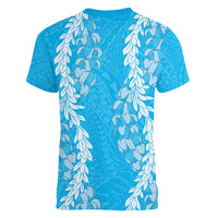 Puakenikeni and Maile Lei Women V-Neck T-Shirt Blue Double Strand Lei LT9 - Polynesian Pride